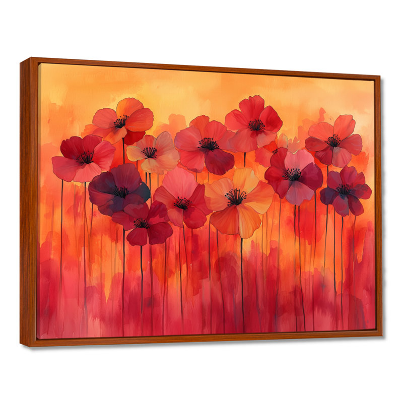 Geraniums en feu dans des nuances ardentes - Impression sur toile, H 30 po x l 40 po, Brun, Cadre flottant