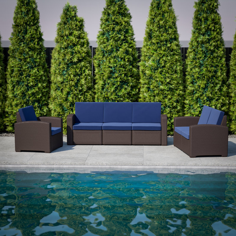 Alderman Faux Rattan Chair with All-Weather Cushion, Brown/Navy
