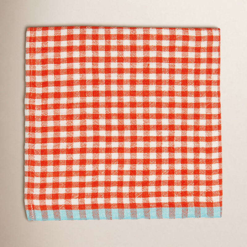Gingham Linen Square Napkins, Orange/Aqua
