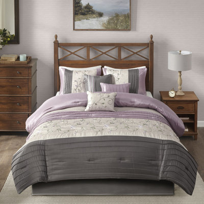 Édredon 7 pièces en mauve pour très grand lit, décoration de broderie, rembourrage, comprend édredon, taies décoratives, coussins décoratifs, jupe de lit, très grand lavable à la machine avec broderie, literie de 7 pièces, rembourrage, décorative