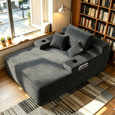 Convertible Chaise Lounge Chair Plush with Wide Armrest & Throw Pillows, Cozy Boneless Sleeper Sofa Bed Armchair, with cup holder,for Living Room, Bedroom, No Assembly Required