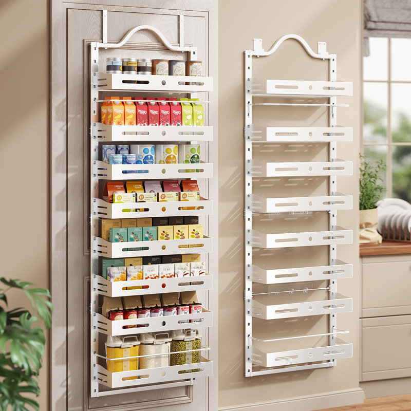 Organisateur de garde-manger à 8 niveaux sur porte, grand support à épices mural 2 en 1, organisateur de porte de garde-manger et rangement avec panier réglable, blanc