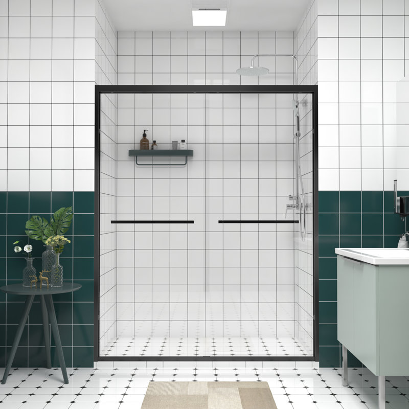 Aluminum Frame Double Sliding Glass Shower Enclosure With 1/4"  6Mm  & Tempered Glass, Safe Design, - Crash Angle For Bathroom Rust Handle