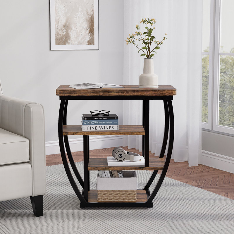 Table de bout étroite, tables d'appoint minces à 4 niveaux avec rangement pour le salon, petit support de table avec structure en métal, grande table de chevet pour la chambre à coucher, brun rustique