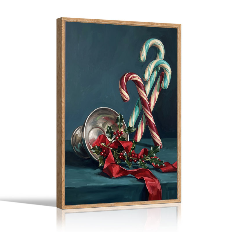 Red and Blue Candy Canes with Holly and Silver Christmas Canvas Wall Art, 48"H x 32"W