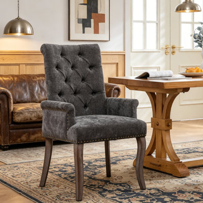 Chaise de salle à manger rembourrée en tissu chenille, fauteuil d'appoint capitonné à dossier haut avec pieds incurvés en bois massif, capacité de charge de 136 kg pour salle à manger, cuisine et bureau (chaise simple)