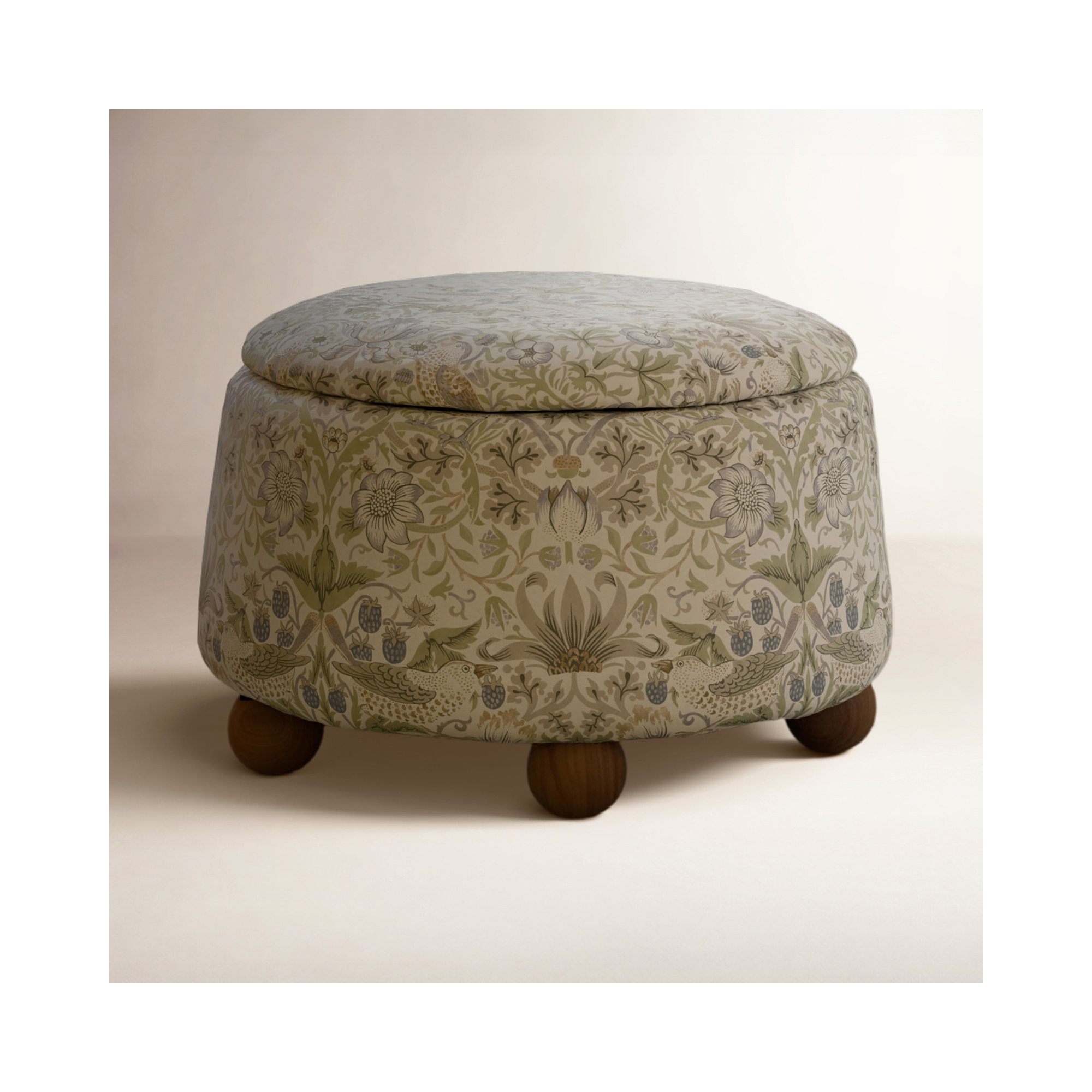 Morris & Co. x Namesake Tuffet Storage Ottoman, Strawberry Thief in Fig&Thyme