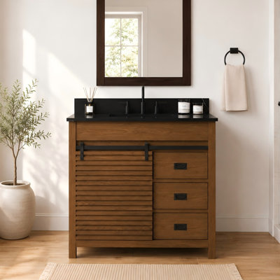 Kaeron Freestanding Single Sink Bathroom Vanity With Sliding Barn Door And Sintered Stone Top