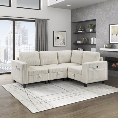 Canapé modulaire moderne et contemporain de 89 po 4 pièces Skrzypek - Canapé modulaire en velours côtelé, port USB fonctionnel et pochettes de rangement, rangement caché intégré sous le siège