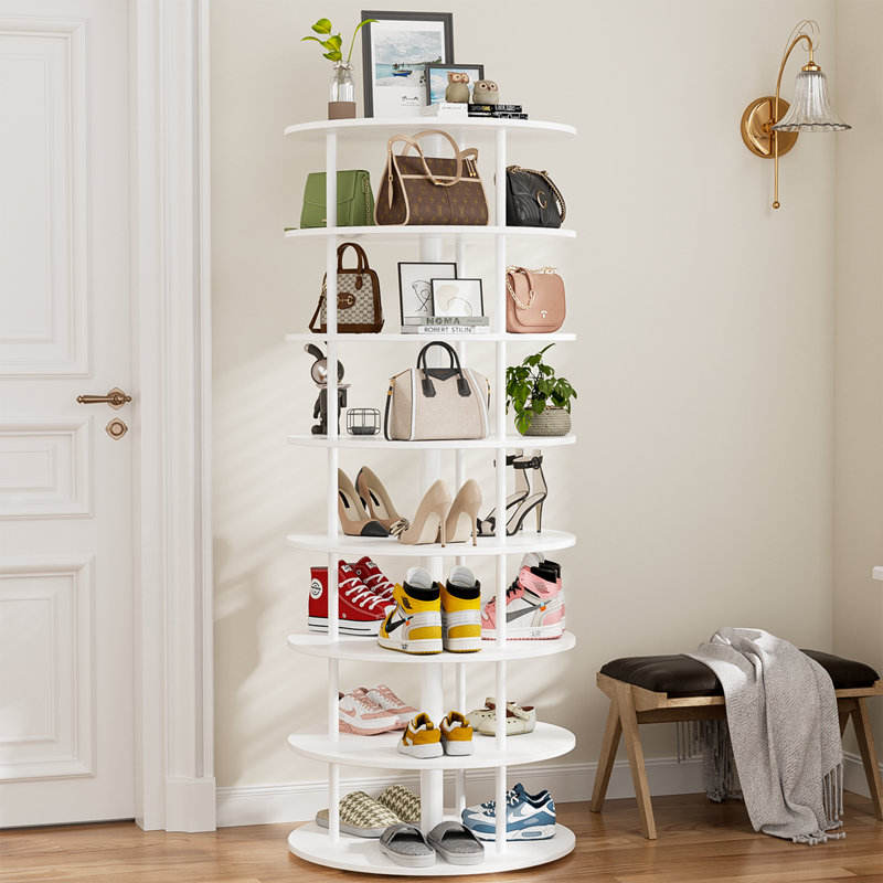 8-Tier 360°Revolving Shoe Storage Rotating Lazy Shoe Rack Entryway Bedroom Hallway, White Wood