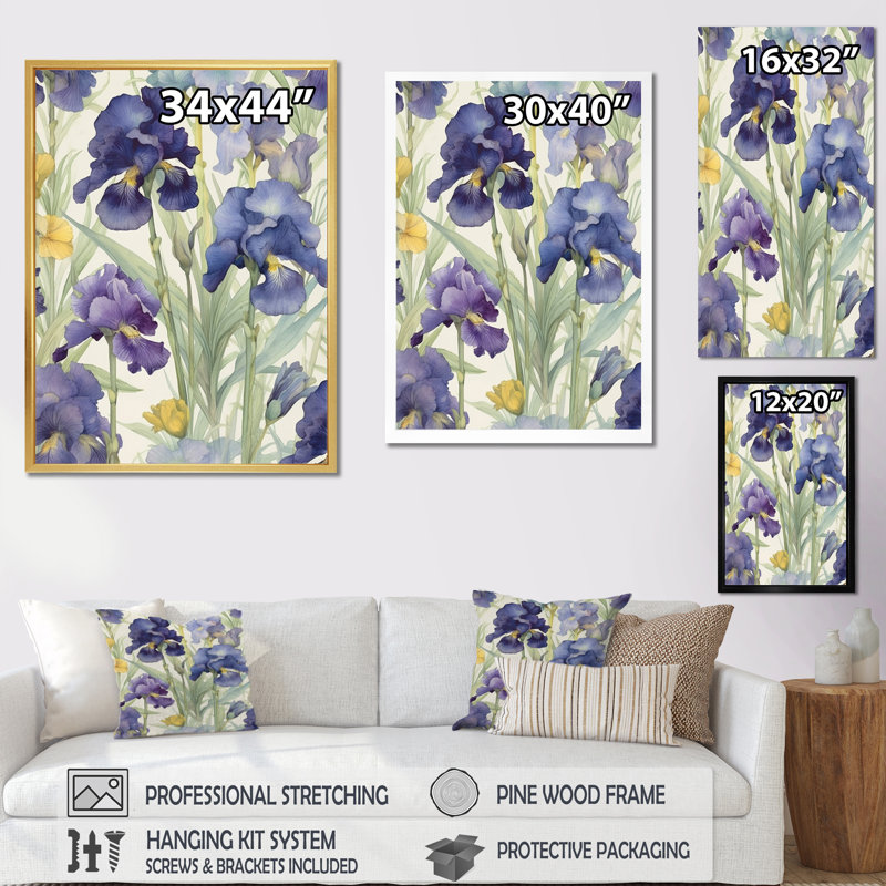 Impression mauve et verte d'Iris I sur toile, H 20 po x l 12 po x P 1,5 po, Cadre flottant noir