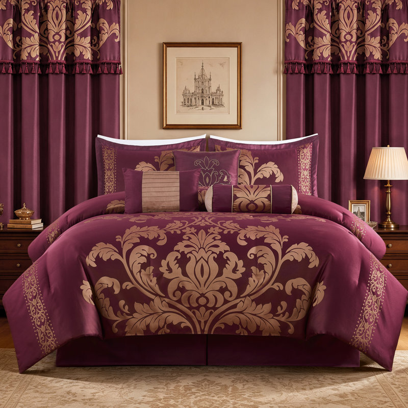 Royale Jacquard Floral 7 Piece Comforter Set, Maroon/Gold, Oversized King Comforter + 6 Additional Pieces