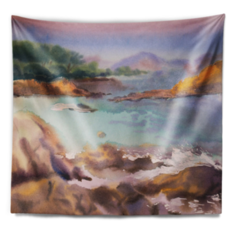 Paysage marin aquarelle tranquille tapisserie des eaux, H 32 po x l 39 po