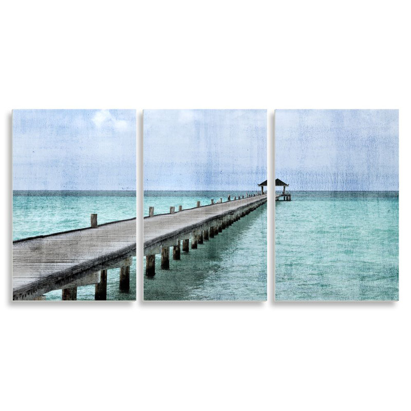 "Long Pier across the Beach" par Kim Allen, ensemble de 3 impressions sur toiles, H 17 po x l 11 po x P 0,5 po, Plaque murale