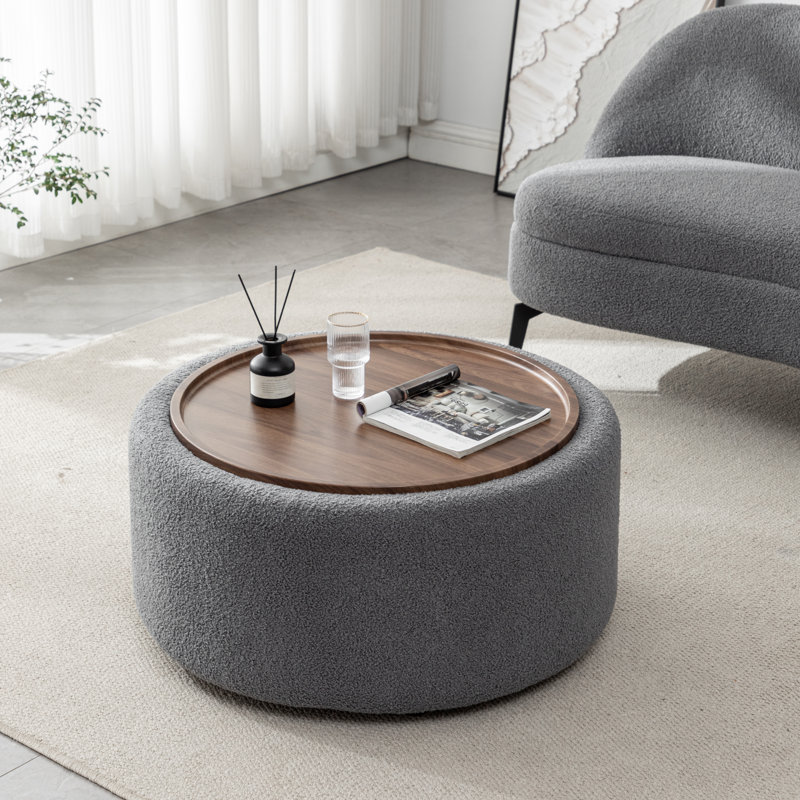 Bryonie Round Cocktail Ottoman with Storage, Grey Performance Boucle