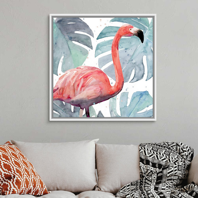 «Flamingo Splash I», art mural sur toile, Toile avec cadre blanc, H 38 po x l 38 po
