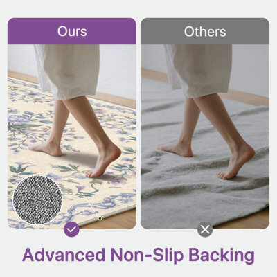 Annawan Romantic Floral Bordered Rug, Machine Washable, Inspired Faux Wool, Non-Slip Backing