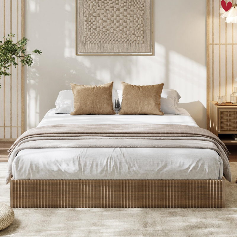 Base de lit en bois, lit plateforme en bois avec conception cannelée, base de lit avec support d'étude, assemblage facile sans sommier