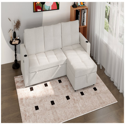 Canapé-lit convertible en tissu, canapé-lit modulaire escamotable avec chargeurs USB et porte-gobelets, canapé-lit en L avec rangement pour le salon (beige)