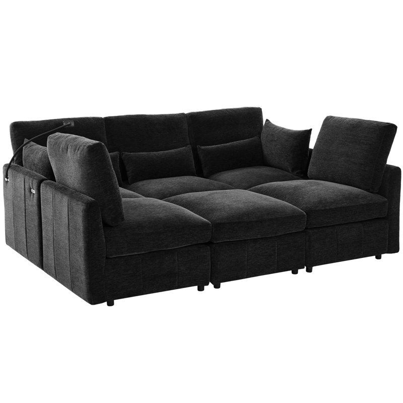 85.4" Sectional With Reconfigurable Design, Movable , Ports, Phone Holder, And Chenille Fabric In Black Modern Modular U - Shaped Couch Charging, Soft Upholstery For Living Room