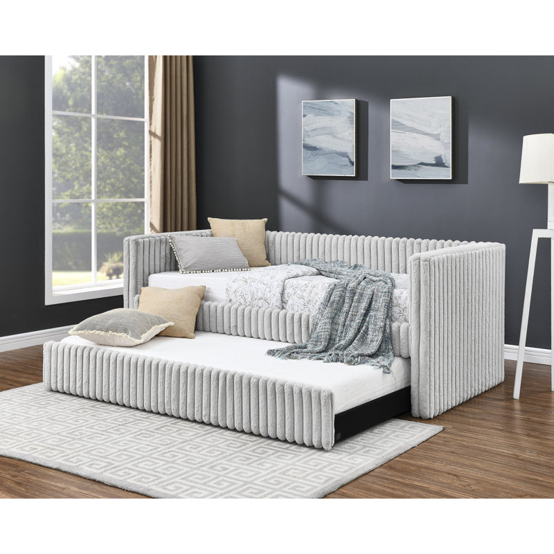 Beautiful 1Pc Modern Daybed Tufted Plush Channel Tufting Upholstery Armrest Pull Out Trundle Bedroom Living Room Furniture