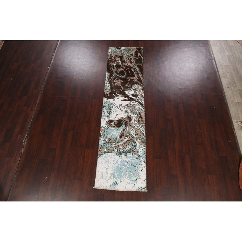 Tapis de couloir unique brun / vert / blanc nouvel âge en laine noué à la main de 2 pi 6 po x 10 pi 1 po Jovienne