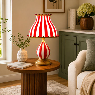 Grande lampe de table à intensité variable, inspirée du cirque, avec une structure en verre et en métal, un design à rayures rouges et blanches et un fonctionnement sur secteur ; lampe décorative de bureau ou de chevet pour chambres et salons