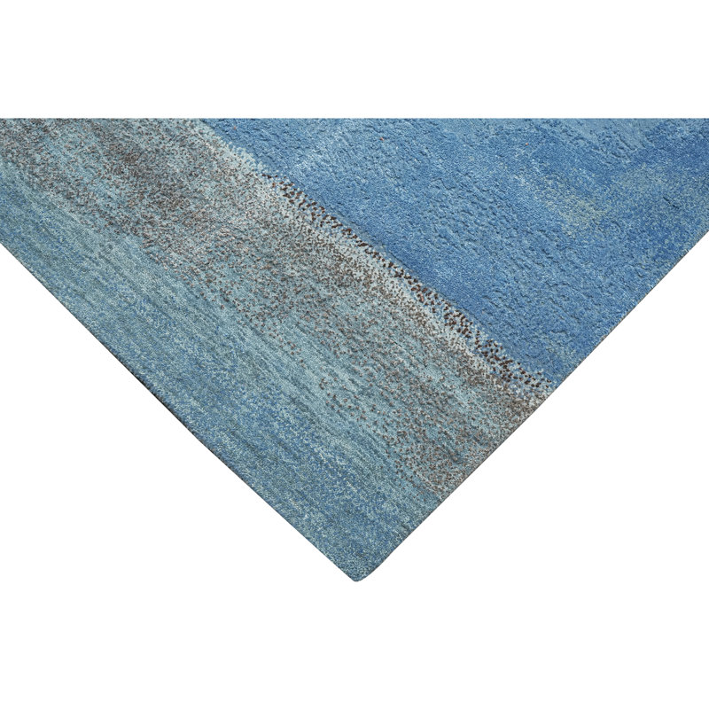 Tapis abstrait noué à la main en beige / bleu, Rectangle 8 pi x 10 pi