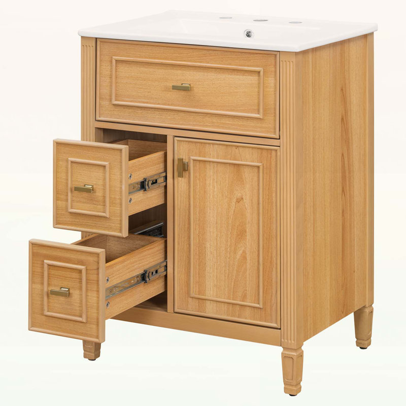 Meuble-lavabo de salle de bain avec lavabo, tiroirs rabattables et latéraux, tablette réglable, Bois