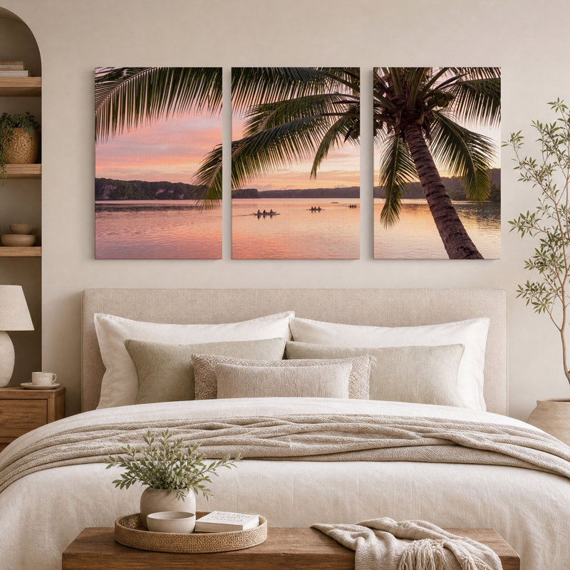 Ensemble de 3 toiles murales représentant un coucher de soleil rose encadrant un palmier sur la baie., 18"H x 12"W x 3pcs