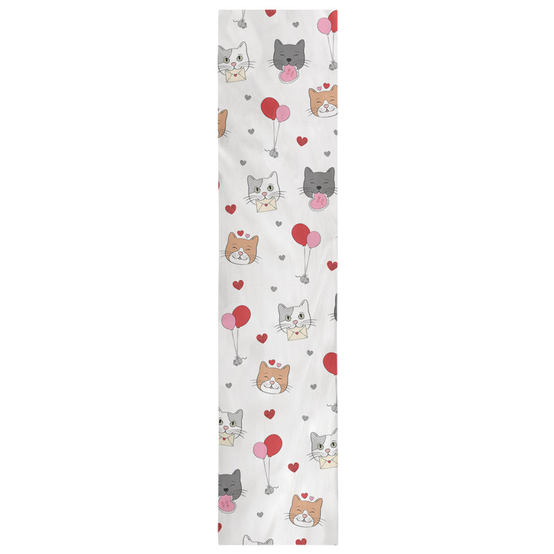 Festive Hol Valentine's Day Cats Table Runner, 90" L x 16" W, Gray/Beige/Red, Cotton blend