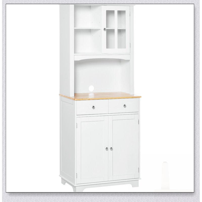 Buffet de cuisine autoportant de 67 pouces avec huche, garde-manger, support pour micro-ondes, tablette réglable, 2 tiroirs et armoire en blanc