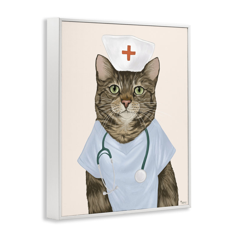 «Nurse Doctor Cat», art de la giclée encadrée par Tara Royle, Estampe numérique encadrée blanc bord de mer, H 20 po x l 16 po