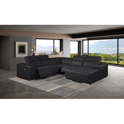 Black Right-Facing 5-Piece L-Shaped Sectional In Genuine Leather With 2 Power Recliner & Adjustable Headrests