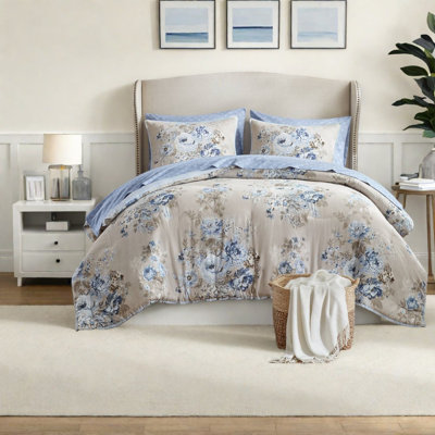 Reversible Bedding Sets, Polyester Queen Floral Beige Blue For Home