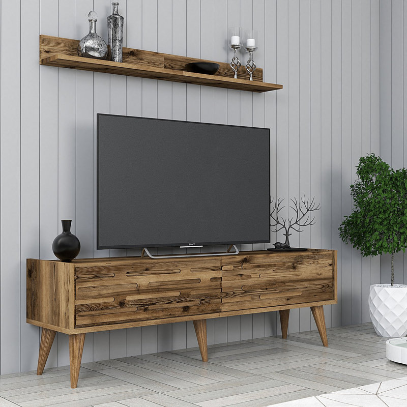 Meuble télé moderne en noyer avec tablette murale, 54,7 po x 13,8 po x 17,7 po | 100% panneau de particules enduit de mélamine, épaisseur: 0,7 pouce | Comprend des poignées en plastique, des pieds et de nombreuses tablettes pour un rangement supplémentaire | Design scandinave