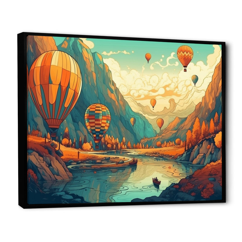 High In The Sky Hot Air Ballon sur impression sur toile, H 24 po x l 32 po x P 1 po, Cadre flottant noir