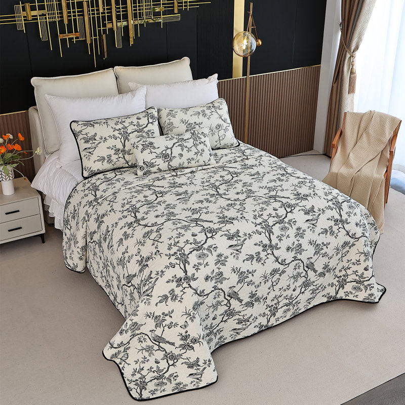  100% Cotton Black Printed Floral Quilt Bedding Set, King Quilt+2 King Shams