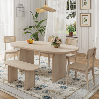 6 Piece Dining Table Set With Bench,Oval Kitchen Table Chairs Set For 6, Modern Style Dining Room Set