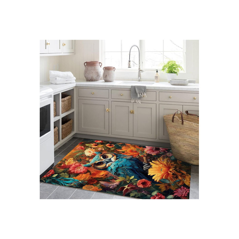 Tapis décoratif moderne à motif tissé hibou parmi les fleurs, Sous-tapis rectangulaire de 3 pi 3 po x 4 pi 11 po