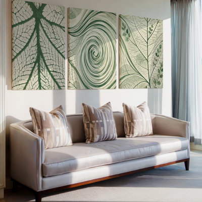 3 Pieces Exculisive Sage Green Leaf Vein Spiral Abstract Large Wall Art Botanical Panoramic Canvas, Canvas Decor for Living Room, Bedroom and Office