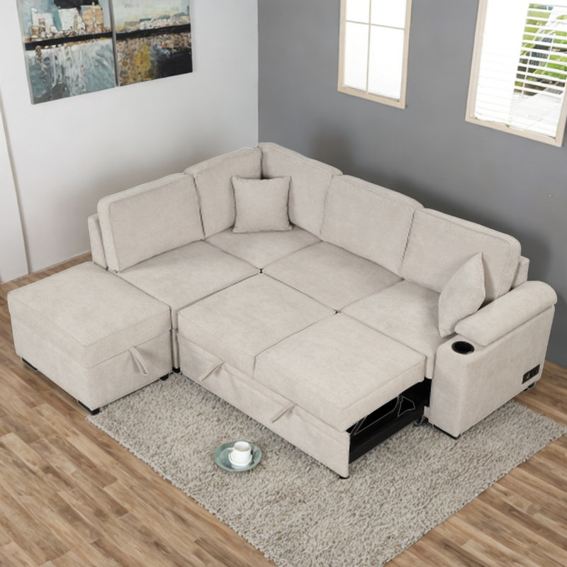 Canapé modulaire rembourré 3 pièces Mamounia, 100 % lin beige