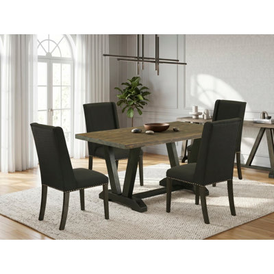 Ensemble de salle à manger 6 pièces comprenant une table de salle à manger rectangulaire avec pieds en V et 4 chaises rembourrées en tissu de lin noir avec banc, 36 x 60 pouces, multicolore