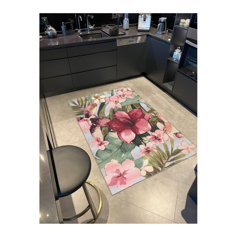 Tapis décoratif lavable à motif floral rose et vert, Rectangle 2 pi 6 po x 4 pi 11 po