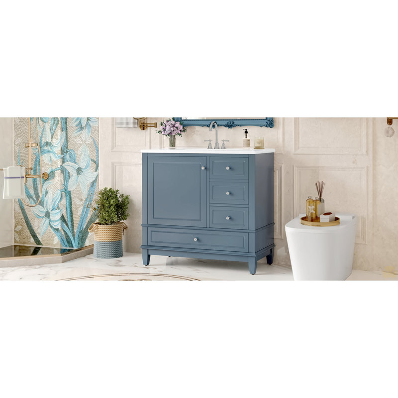 Meuble-lavabo 36 po avec lavabo en céramique, base en bois aggloméré et bois massif, 3 tiroirs et armoire avec tablettes