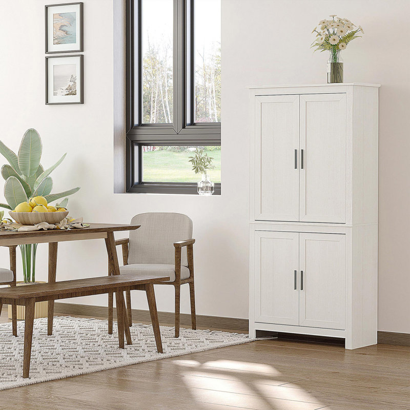 Armoire de rangement autoportante de 64 po à 4 portes avec 3 tablettes réglables, Blanc antique