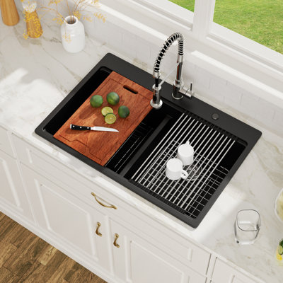 33"x22" Drop In Black White Quartz Composite Topmount Double Bowl Low Divider Workstation Kitchen Sink with Cutting Board