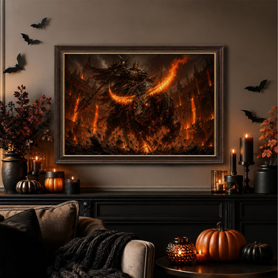 Guerrier squelette chevauchant un taureau enflammé sur une toile murale d'Halloween
