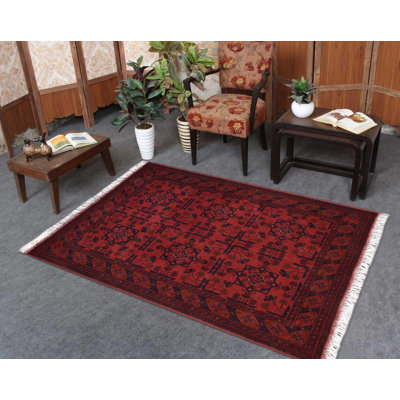 Tapis rouge / bleu foncé en laine noué à la main à motif géométrique 3 pi 5 po x 4 pi 10 po Madonia