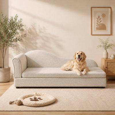 55" Large Dog Bed, Wave Back, Linen Fabric Pet Couch